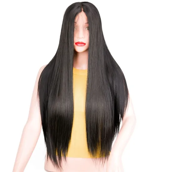 Vigorous Good Quality Silky Long Straight Heat Resistant Lace Front For Women Middle Part Black Synthetic Wig