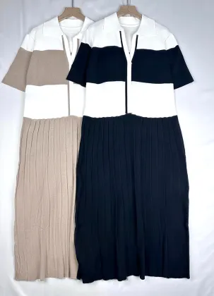 Plus Size Korean Style Lapel Collar Short Sleeve Midi Dress with Knitwear