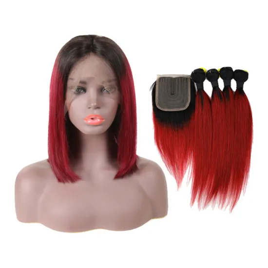 Ombre closure set Short color bob Wig bundles and closure set Virgin Brazilian packet hair Burgundy red bundle with closure