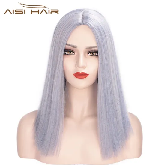 Aisi Hair Short Bob Middle Part Machine Made Wigs Yaki Grey Color Synthetic Short Cosplay Wigs for American Africans