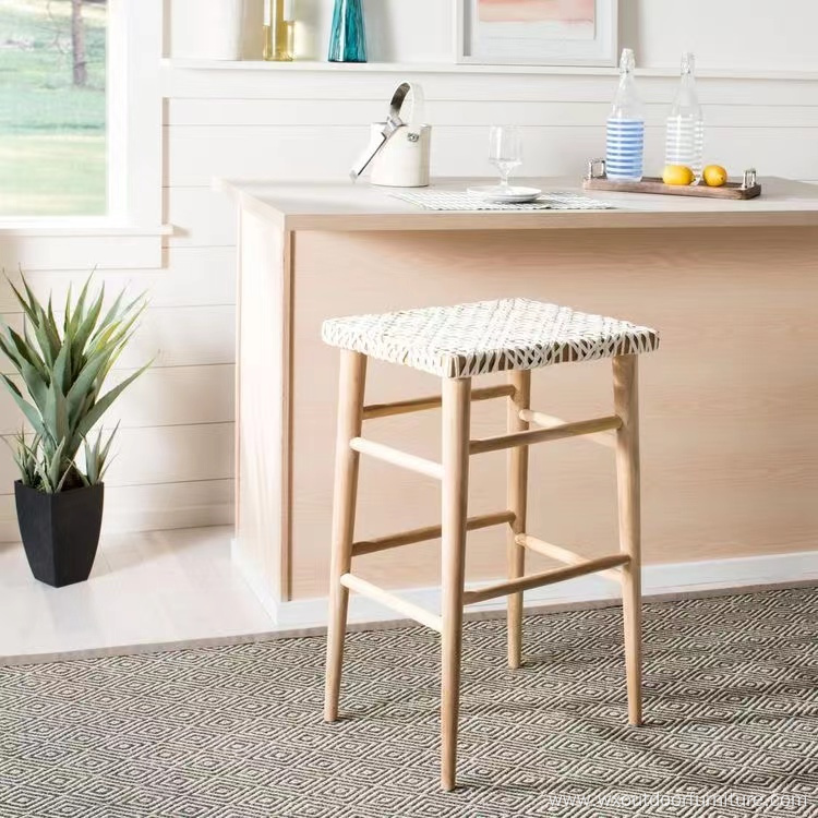 Wooden Coffee Cafe Shop Armrest high Kitchen Restaurant Dining Wood Bar Counter Stool with Rope Seat