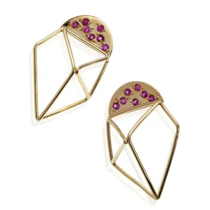 Strange-shaped thin gold stud earring with purple diamond