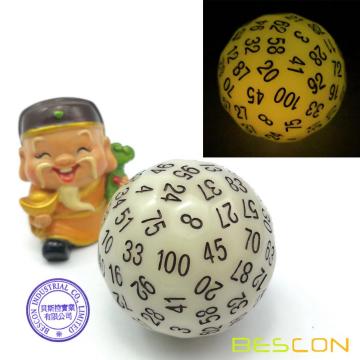 Bescon Glow in Dark Polyhedral 100 Sides Dice Glowing Yellow, Luminous D100 Dice, 100 Sided Cube, Glow-in-Dark D100 Game Dice