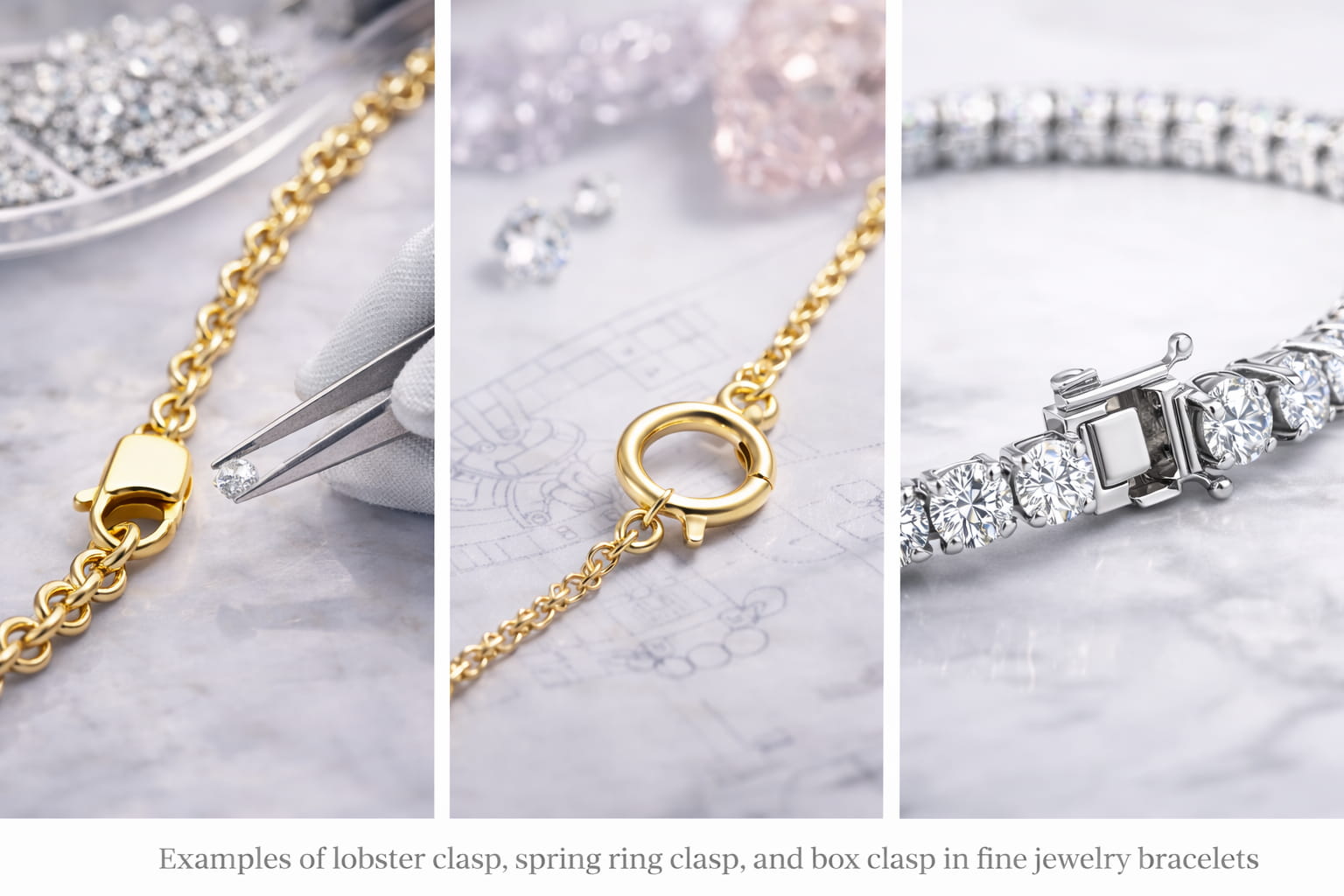 Contoh pengapit udang galah, pengapit cincin spring dan pengapit kotak dalam gelang perhiasan halus