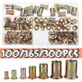 100/165/300 PCS Carbon Steel Zinc Plated Rivet Nuts Flat Head Threaded Rivet Insert Nutsert Rivet Nut Assortment Kit M3 to M12