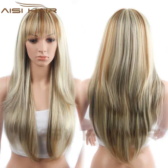Aisi Hair Factory Price Long Silky Straight Synthetic Mixed Blonde Wigs With Neat Bang