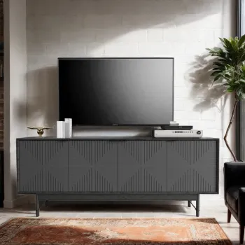 WESOME Black Solid Wood Long TV Stand with 4 Doors