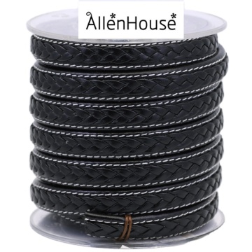 Double Sewn Black Nappa Leather Strap 12mm x 5mm with White Lines and Ribbon Weaving