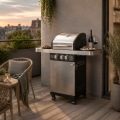 Parrilla de barbacoa de gas propano líquido estándar de 3 quemadores con gabinete de una sola puerta de acero inoxidable y estantes laterales
