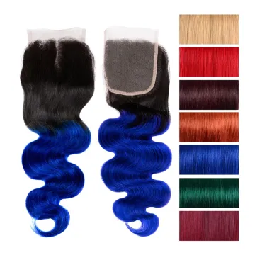 Ombre Pre Colored Brazilian Body Wave Curly 4x4 Lace Frontal Closure, 100% Human Virgin Hair Bundles 1b/blue Swiss Lace Closures