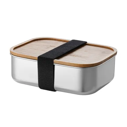 Wooden Lid Rectangular Layer Metal Bento Box