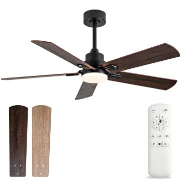 52 Inch Modern Black Ceiling Fan with 5 Deep Walnut Blades, Quiet Reversible DC Motor and LED Light
