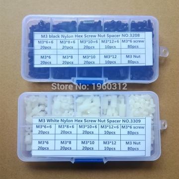 300pcs/set M3 Nylon Screw White or Black Hex Screw Nut Spacer Stand-off Varied Length Assortment Kit Box