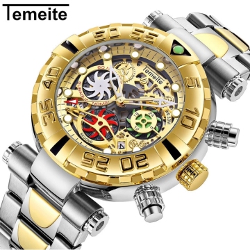 TEMEITE DS-2 Big Face Quartz Watch - Golden Stainless Steel Unique Design Men's Watch