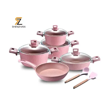 Factory Prices: Pink Non-Stick Cooking Aluminum Pots & pans Set with Granite Finish in Kitchen Cookware