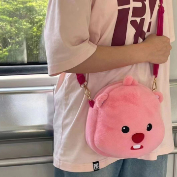 Cute Cartoon Character Plush Bags: Stylish Shoulder and Messenger Bags for Kids Featuring a Pink Beaver Loopy Girl and Small Round Design