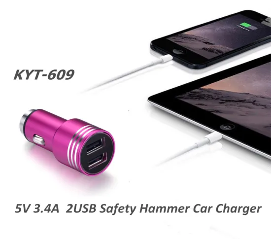 car safety hammer car usb charger, 5V 3.4A Aluminum Safety Hammer Style Car Charger with CE FCC ROHS