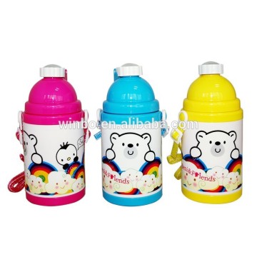 Plastic double wall water bottle with pop up cover and straw