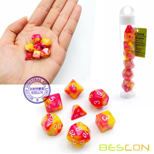 Bescon Mini Gemini Two Tone polyedrischen RPG Würfel Set 10MM, kleine Mini RPG Rollenspiel Spiel Würfel D4-D20 in Tube, Farbe Sunglow