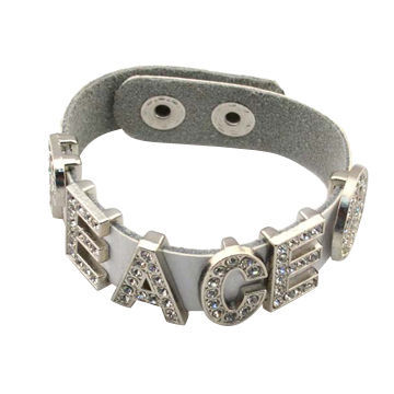 White design/wide/with peace letter chic/wholesale PU leather bangles, OEM/ODM orders are welcome