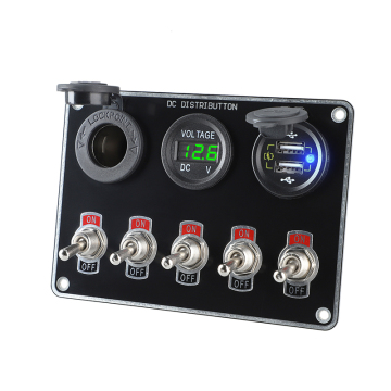 5 Gang Toggle Switch Panel with Voltmeter and 2 USB QC3.0 Car Charger for 12V/24V Vehicles