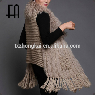 Factory direct wholesale price rabbit knitted fur vest with tibet sheep fur collar wool knit
