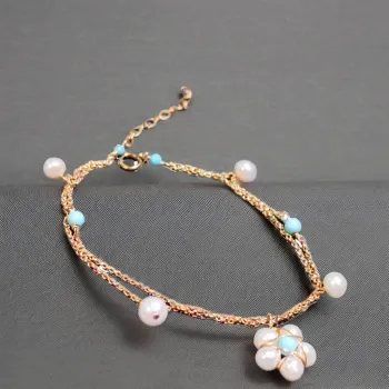 925 Sterling Silver Gold Plated Akoya Keshi Pearl Flower Bracelet