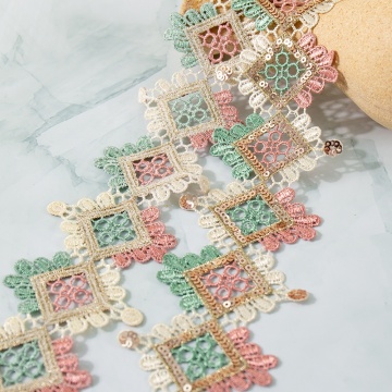 Wholesale Pink and Green Rhombus Sequin Lace Trim for Home and Dress Decorations