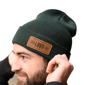 Custom Leather Patch Winter Beanie with Logo - Company Employee Hats