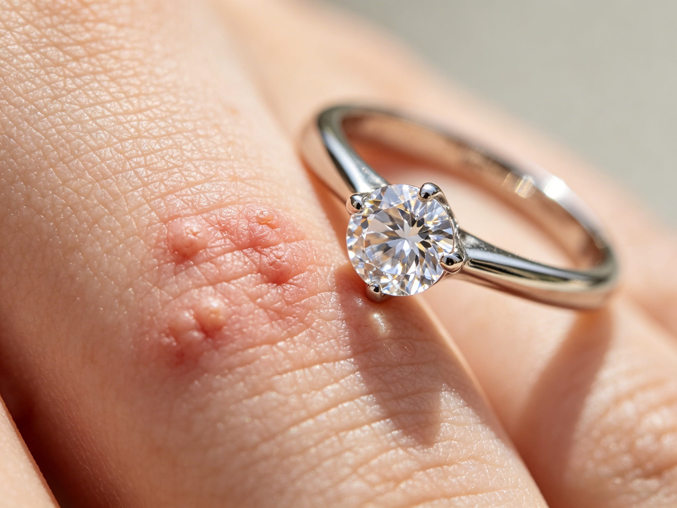 Close-up ng balat na may banayad na alahas na allergy rash sa tabi ng hypoallergenic lab grown diamond ring