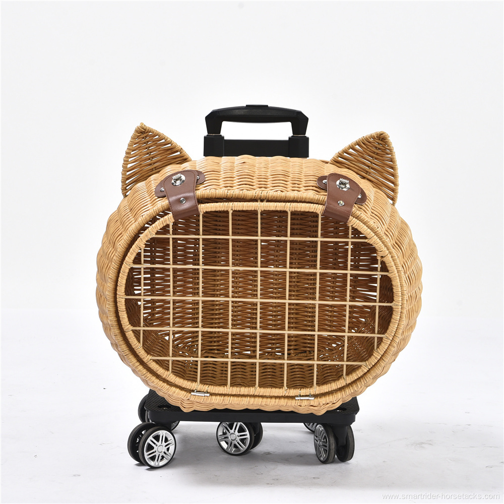 Luxury Dog Pet Travel Carrier Bag Case Rattan Wicker On Wheels Stroller Trolley Cat Travel Carrier Suitcase