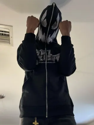 Verified Manufacturer Custom Full Zip Up Rhinestone Demon Face Hoodie