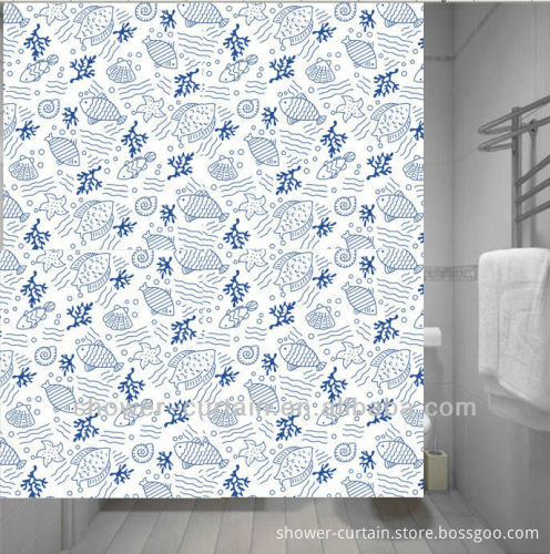 blue fish style polyster shower curtain