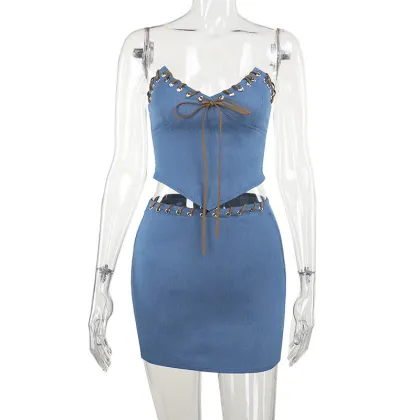 Strap Denim Strapless Top and Short Skirt Two-Piece Set