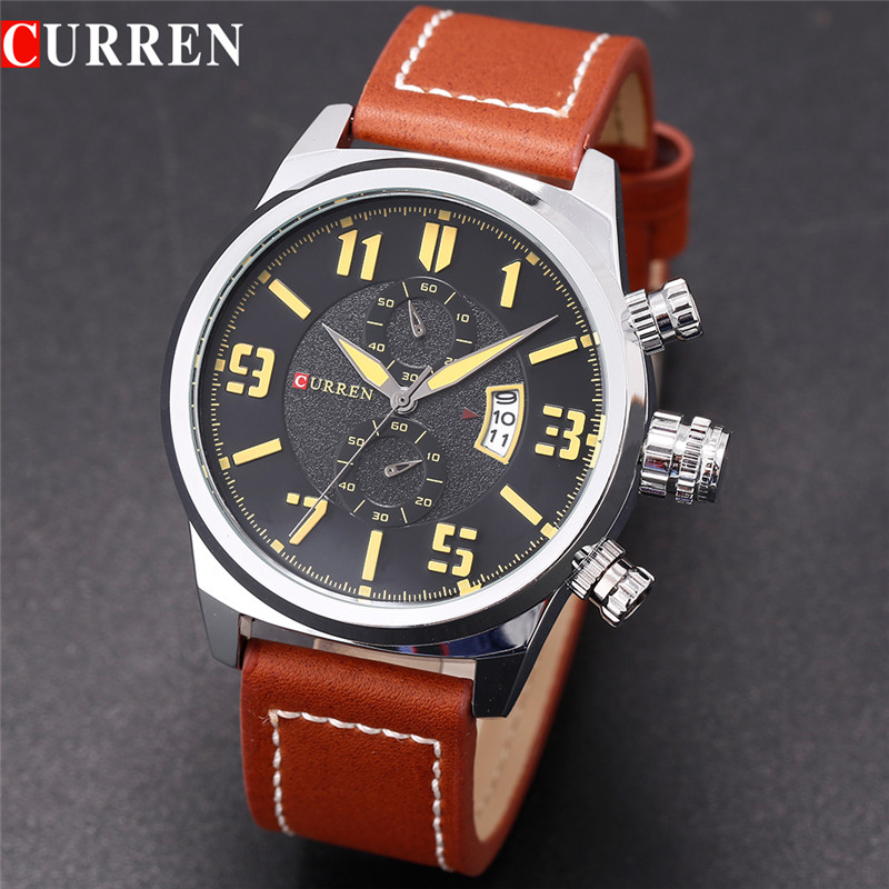 curren antique watch alloy case with leather belt wristwatch