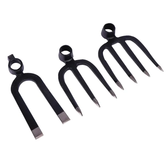 Sturdy Agricultural Equipment Collection: Enhanced Three-Prong Fork, Quadruple-Prong Hoe, and Robust Rake with Durable Wooden Extenders