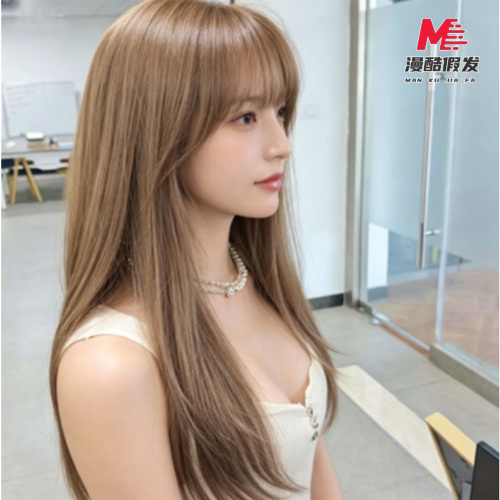 Warm Light Brown Long Straight Synthetic Wig Bangs 4