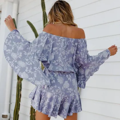 Hot Selling Bohemian Summer Dresses Women Printed Off Shoulder Ruffled Dress Jumpsuit Beach Vestidos