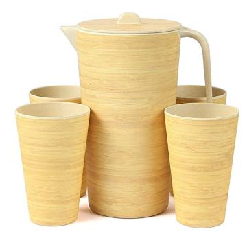 Water Pitcher Set with Lid and 4 Cups, Bamboo Water Carafe for Lemon Fruit Iced Tea Eco-friendly Beverage Pitchers for Home