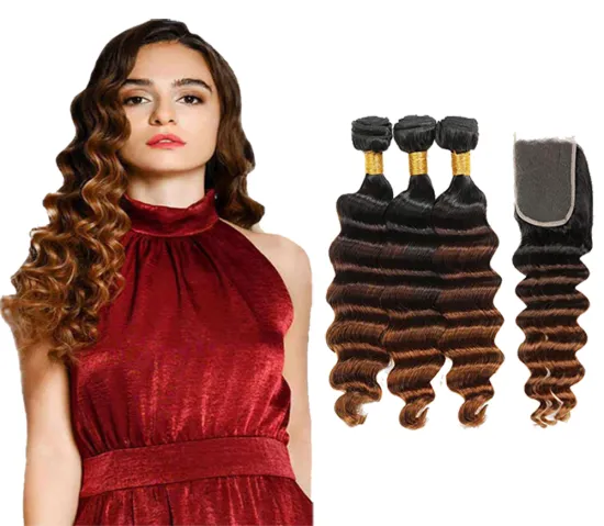 Ombre Loose Deep Hair  Bundles with Closure 1b/4/30 Brazilian Virgin Human Hair Weave Bundles with 4x4 Lace Closure