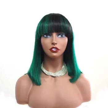 Dropshipping Brazilian Human Virgin Hair Bob Wig Ombre Color 1b Green Machine Made Short Bob Wigs with Bangs for Black Women