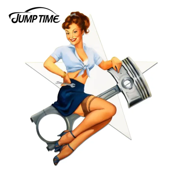 JumpTime 13cm x 11.2cm 3D Car Sticker Sexy Pin Up Mechanic Girl Windows Decal Bumper Motorcycle Car Styling Home Wall Decor