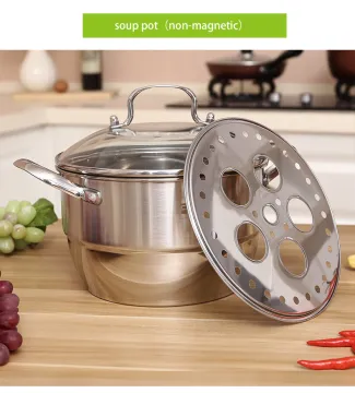 Double Handle Glass Lid Stainless Steel Steamer Pot