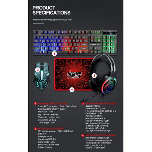 DPI Interchangeable : 1200/1600/2400 Game 4 in 1 Keyboard/Mouse/Headphone/Mouse Pad Factory