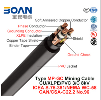Type MP-Gc, Mining Cable, Cu/XLPE/PVC, 3/C, 8kv (ICEA S-75-381/NEMA WC-58)