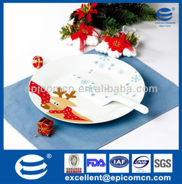 Christmas reindeer design of 2pcs 10.5" round ceramic pie plate set with spatula
