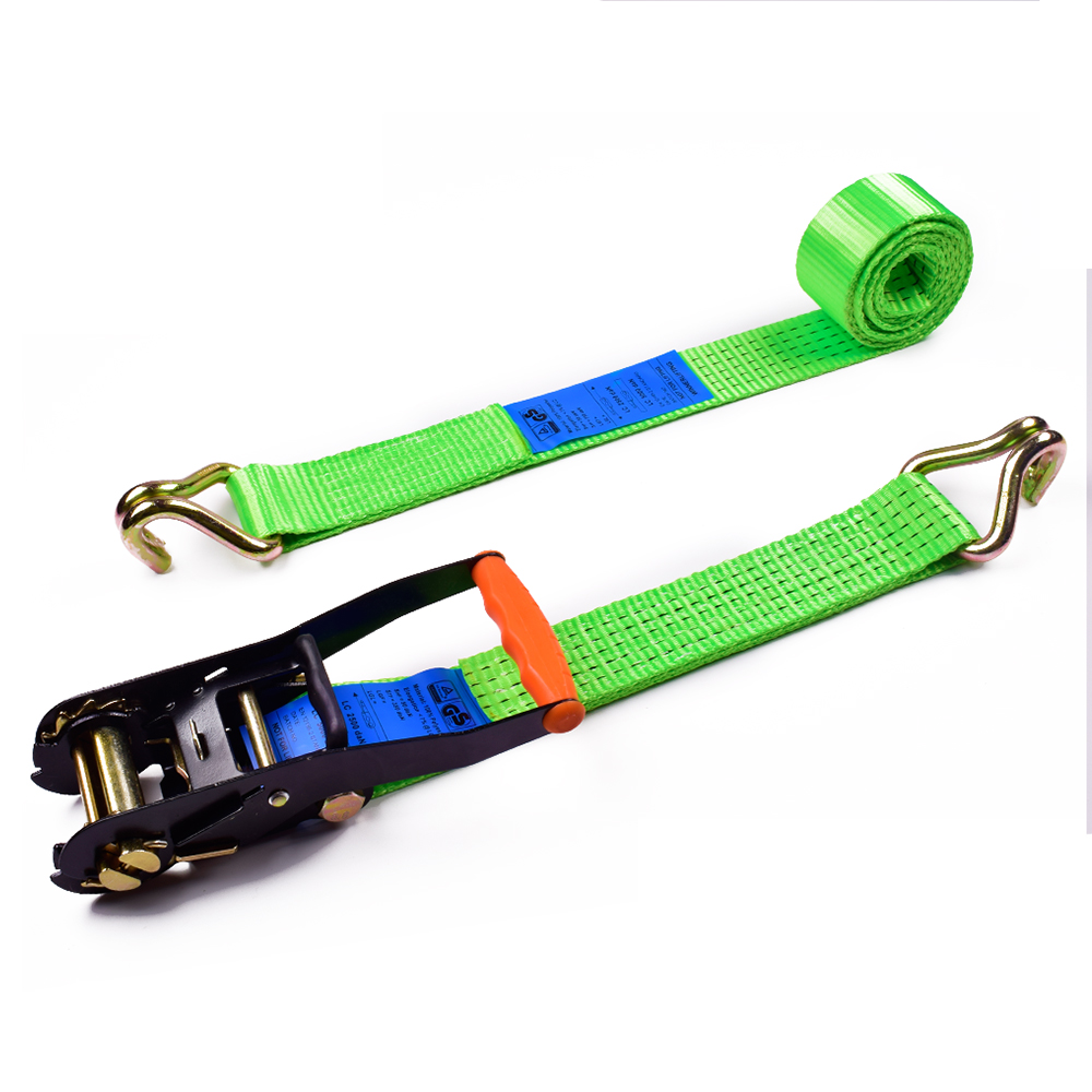 2 5000kgs 50mm Long Plastic Handle Ratchet Buckle Cargo Lashing Straps  With 2 Inch Double J Hooks China Manufacturer