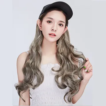 Ombre Long Synthetic Baseball Hat Hair Wig Natural Black / Gray Wave Wigs Naturally Connect Hat Wig Adjustable for Girl Party