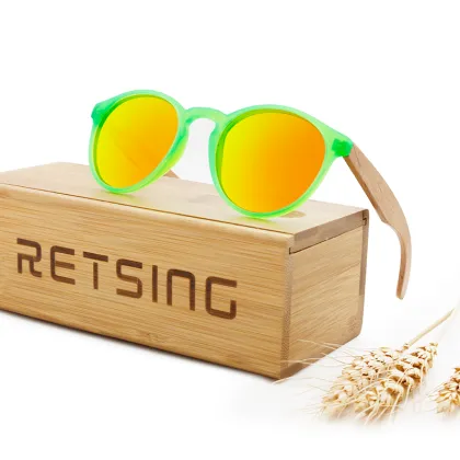 Kids Wood Polarized Round Sunglasses with Mirror Lenses
