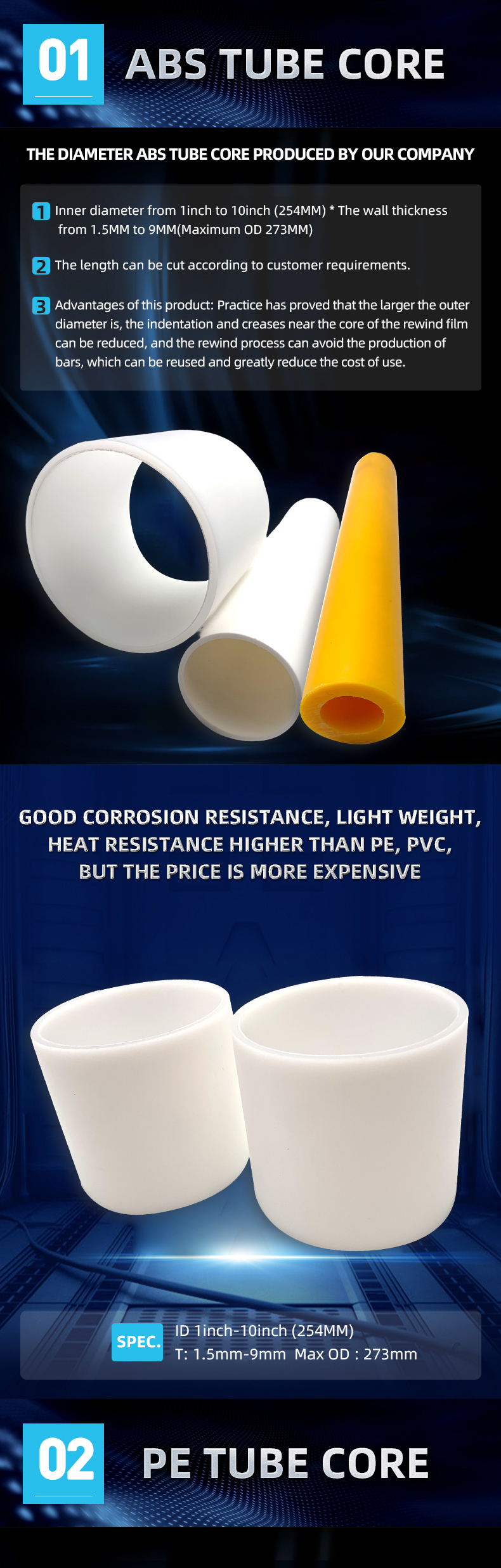 3 Inch PE Plastic Core Tube